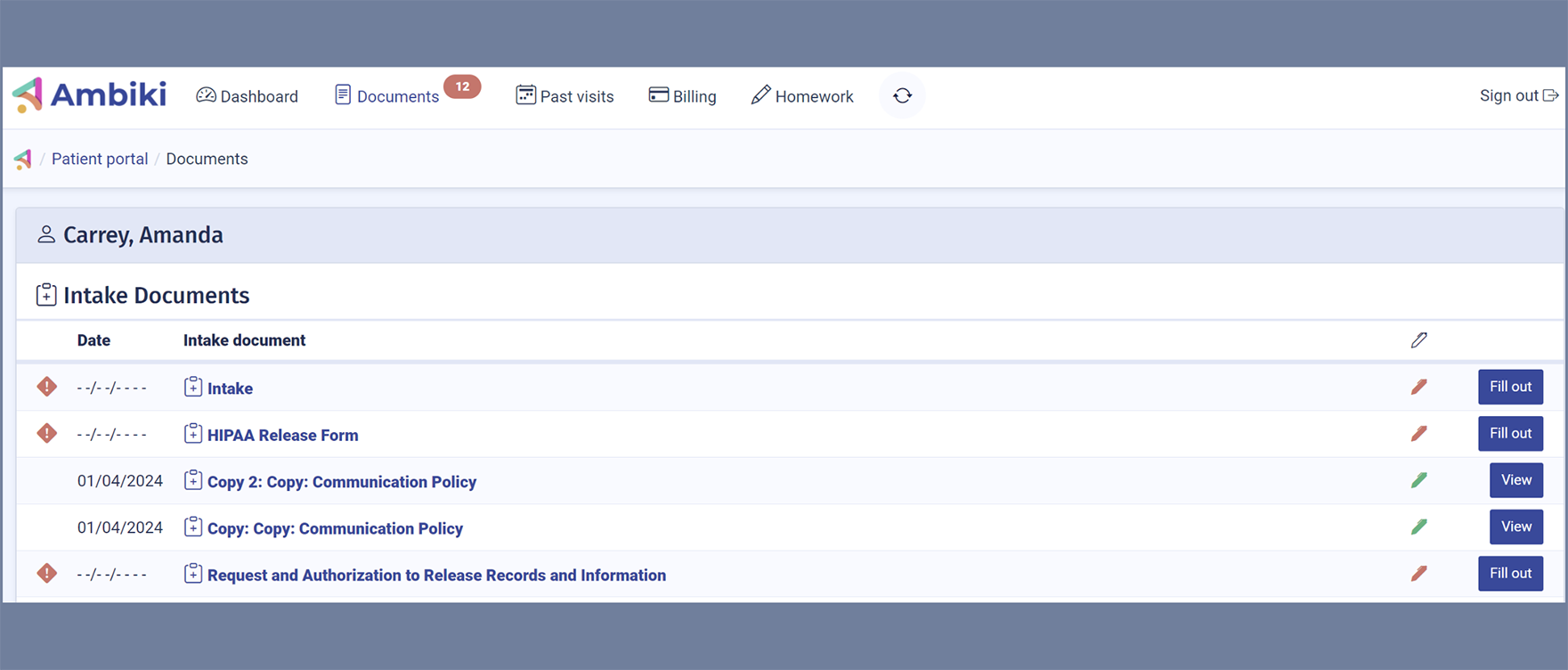 Ambiki's patient profile
