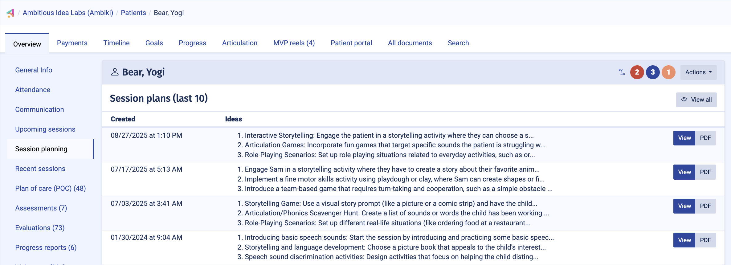 Ambiki's session planning system