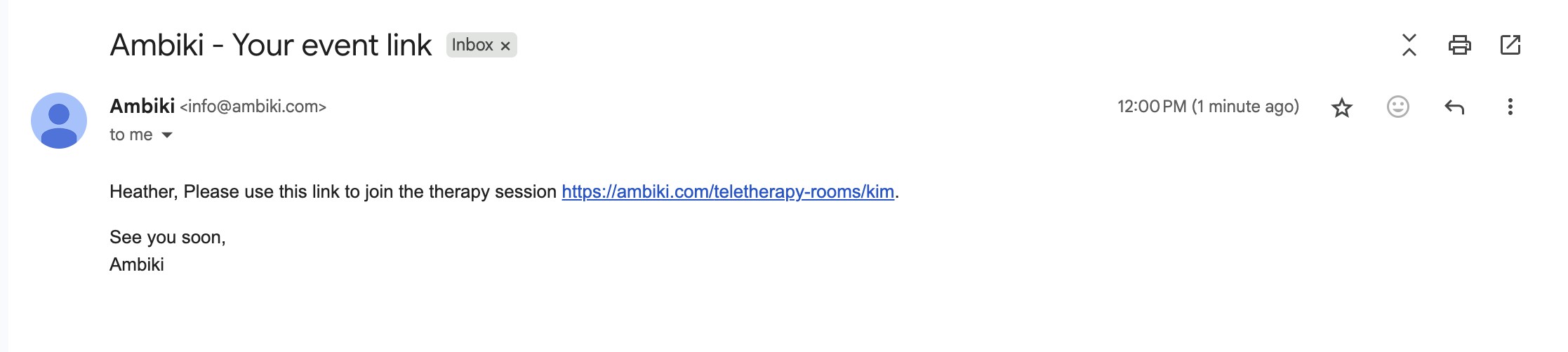 Patient invite email with the teletherapy event link