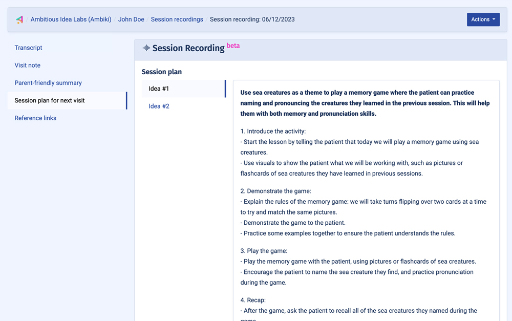 Tenalog™ - session plan for next session