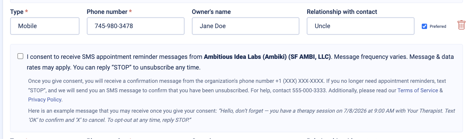 Intake document SMS consent