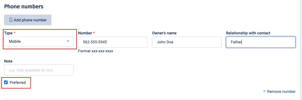 Mark phone number mobile and preferred