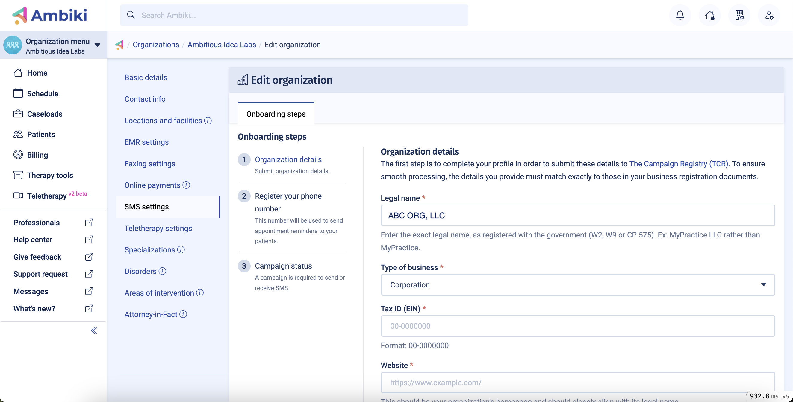 Fill out organization details