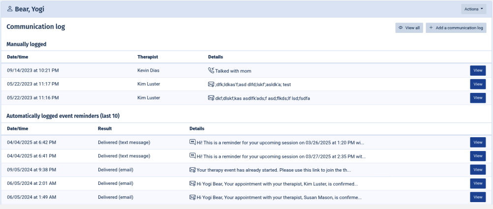 Patient communication log